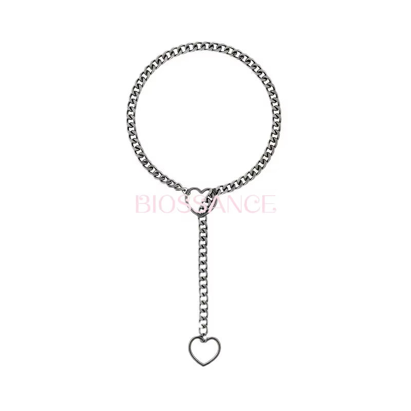 Heart O-Ring Slip Chain for Women Punk Rock Necklace Stainless Steel Cuban Long Necklace Jewelry Adjustable Neck Chain