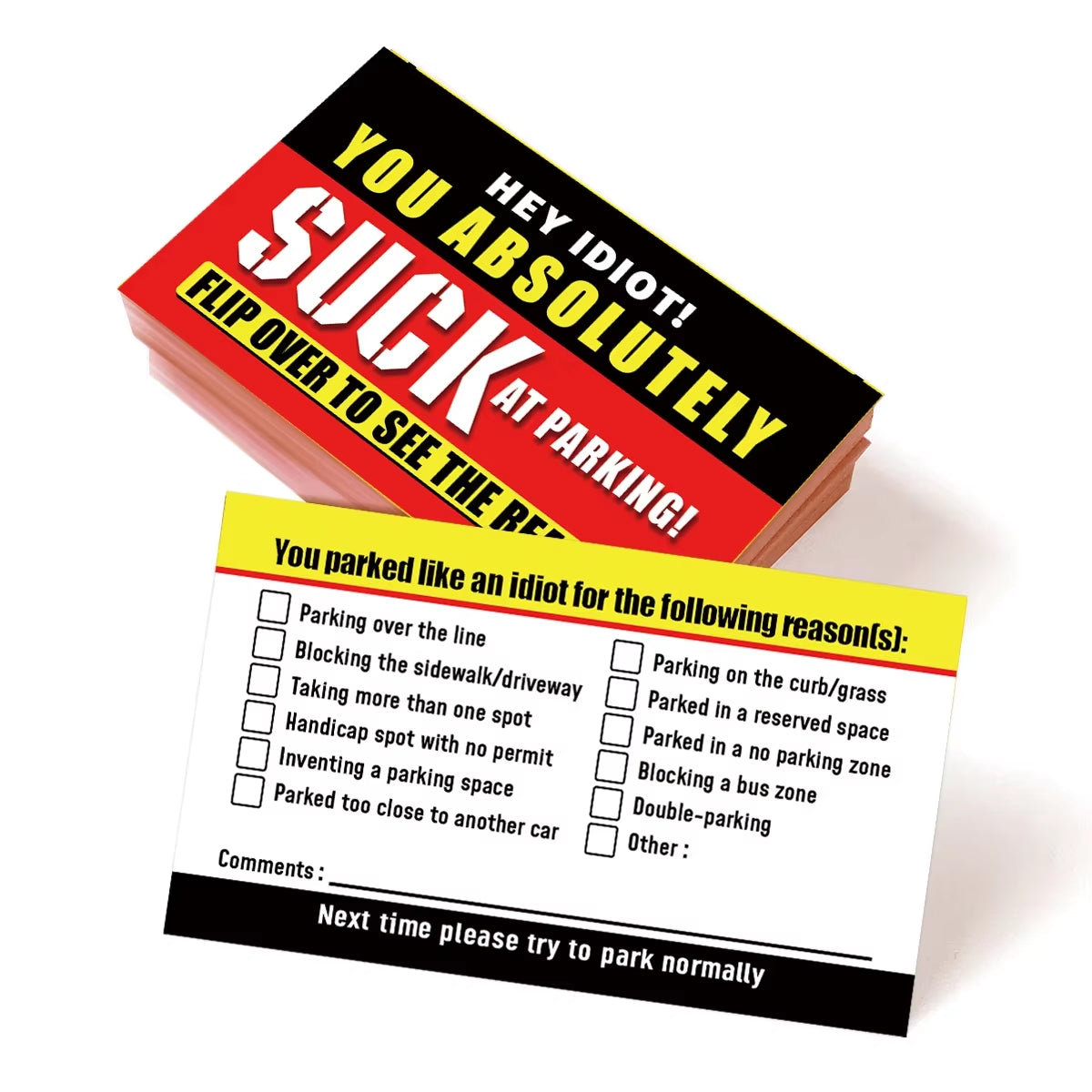 (Pack of 50)Bad Parking Cards You Parked like an Idiot Business Cards 3.54"X1.97" for Funny Parking Violation Prank Notice Gag